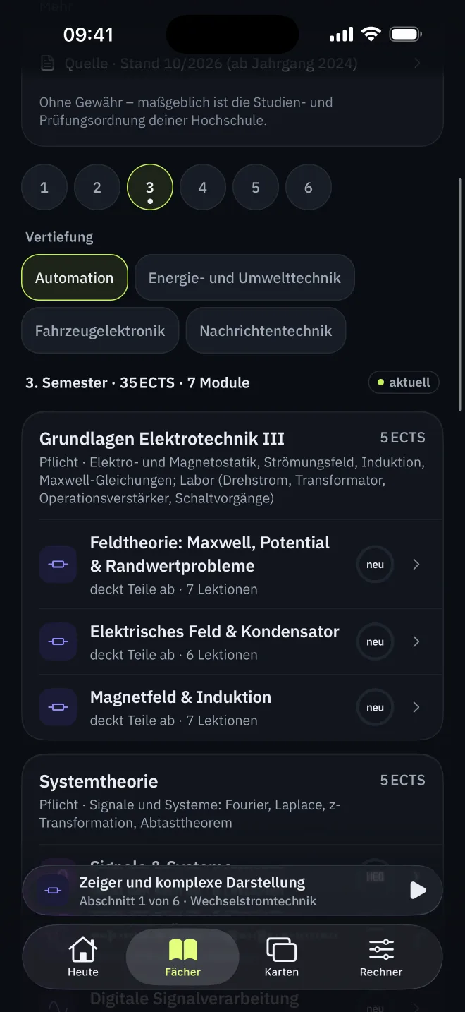 Studienplan der DHBW Ravensburg, 3. Semester mit Studienrichtung Automation: Grundlagen Elektrotechnik III, Systemtheorie und weitere Module mit ECTS